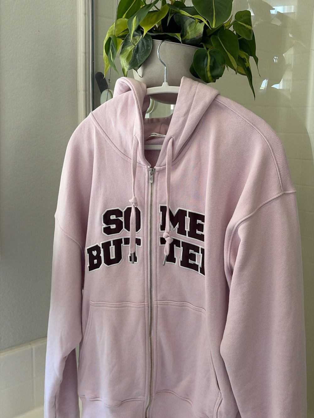 Somewhere Butter Satin Heart Logo Zip-Up Hoodie Light Pink